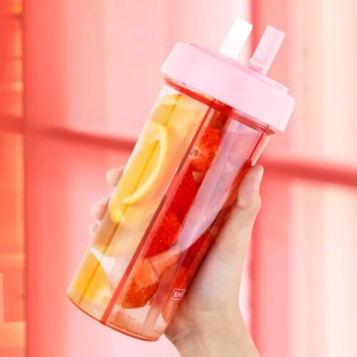 Portable Creative Two Straws Water Bottle Outdoor Travel Sport Leak Proof Drink Couple Cup with Handle Dual-Use Drinking Bottles