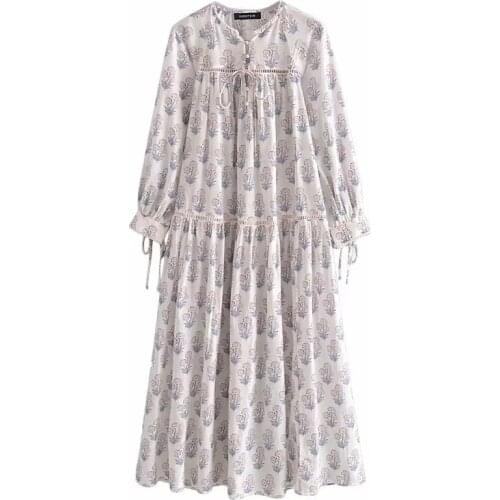 Plus Size Vintage women long sleeve ethnic Floral print beach Bohemian Maxi dress Ladies Summer vestidos Oversize loose dresses