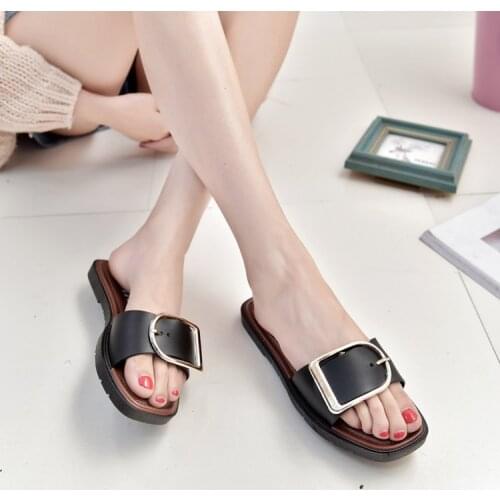 2021 new slippers metal buckle womens sandals summer flat heeled one word sandals simple fashion womens shoes trend Breathable