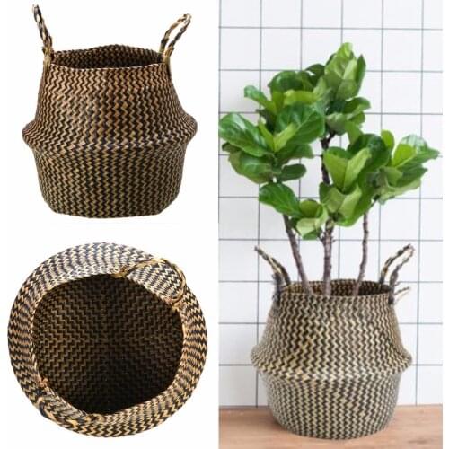 Foldable Natural Seagrass Belly Basket Storage Holder Plant Pot Bag Home Decoration Handmade