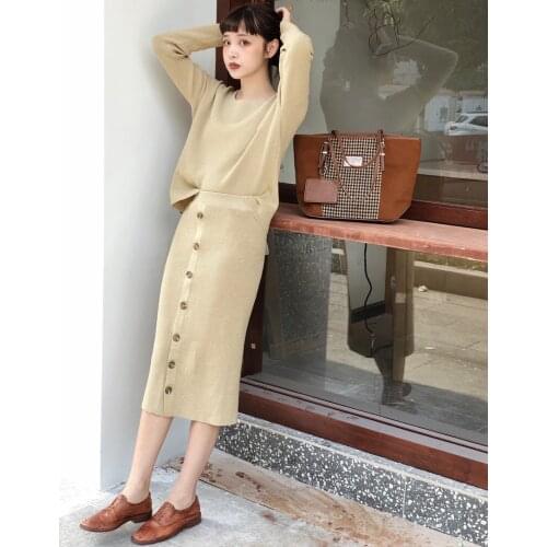 Cotton Beige Women Knitted Round Neck Long Sleeve Sweater Top - Ladies Knit Aline Skirt - Fall Winter 2019 Top Skirt 2 Piece Set
