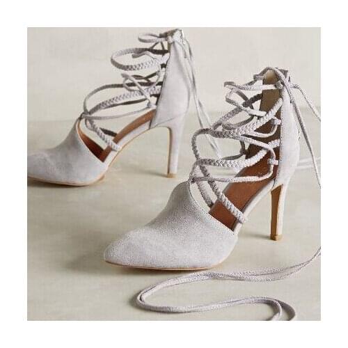 Summer/autumn fashion ankle wrap back zipper pointed toe stiletto heel pumps concise strappy crisscross sueded high heels