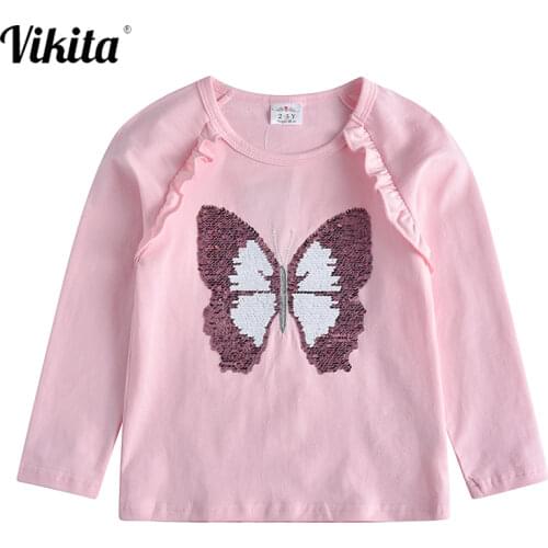 VIKITA Girls Cotton T-shirt Girls Butterfly Sequins Tees Kids Girls Cartoon T Shirt Children Long Sleeve Casual Tops and Tees