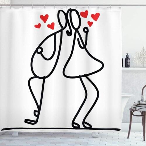 Valentine Shower Curtain Cartoon Style Hand Drawn Romantic Couple with Little Red Hearts Love Theme Bathroom Decor Set with Hook