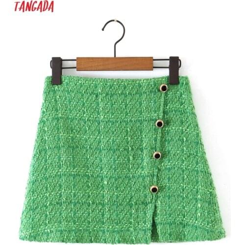 Tangada 2021 Women Green Tweed Skirts Buttons French Style Female Mini Skirt SL116