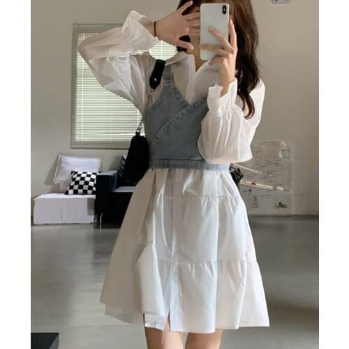 2 Piece Dress Set Women Casual 2021 Autumn Sweet Elegant Mini Shirt Dress + Jean Vest Korean Style Kawaii Clothes Fashion Suits