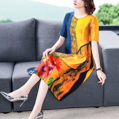 2021 Free Shipping New Spring National Wind Dress Female Printed Silk Summer Wear Long Loose Big Yardsmulberry