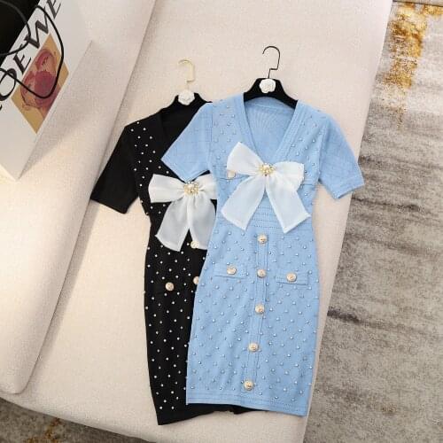 2021 Summer New Knitted Dress Women V-neck Short Sleeve Single-Breasted Bow Beaded Dress High Waist Slimming Mini Elegant Dress