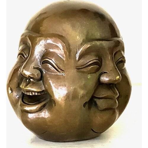 115mm China Old tibet brass 4 faces buddha head statue Signed Auspicious Figures