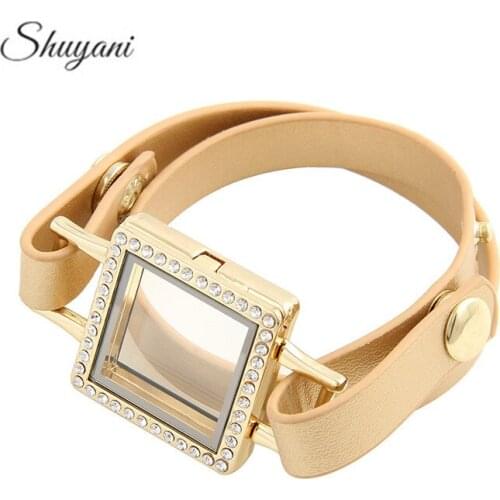 5pcs/lot Mix 30mm Rhinestone Square Floating Glass Living Locket Bracelet Charm Genuine Leather Bracelets For Women/Men