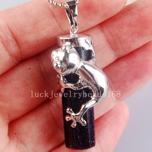 Free Shipping Women Fashion 15x41mm Beautiful Blue Goldstone Cylinder Frog Pendant With Chain C3873