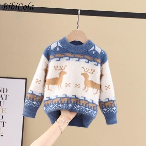 BibiCola Sweater Kids Boys Cotton Warm Pullovers Plush Inside Sweaters Boys Winter Autumn Knitted Loose Jacket 2-7Y Child Tops