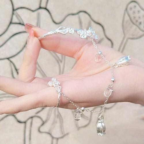 Chinese Butterfly Bells Ring Bracelet All-in-one Flower Bangle Charm Jewelry Silver Color Bracelet Women Jewelry Party Gifts