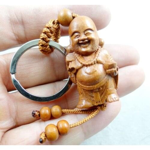 Natural mahogany three-dimensional engraving Buddha wood keychain realistic key ring jewelry gift for men and women 1pc