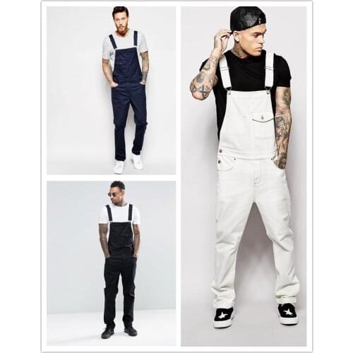 Tide Denim Jumpsuit White Black Slim Pants Mens Work Wear Back Pants Black Jeans White Jeans Mens Street Wear