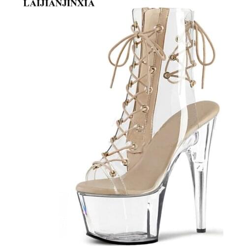 LAIJIANJINXIA New 17cm Super High Heels Stiletto Waterproof Platform Transparent Crystal Womens Ankle Boots Dance Shoes