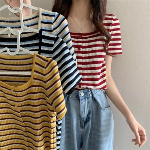 Summer Vintage Short Sleeve Knitted T-shirts Girls Striped Stretchy Square Collar Crop Tops Thin Knitwear For Women