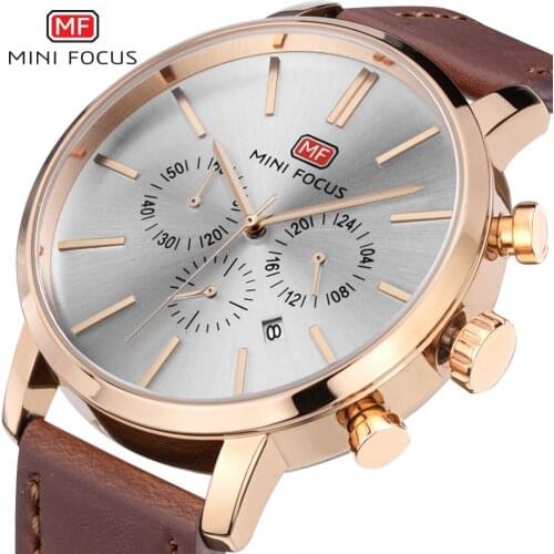 MINI FOCUS Mens Fashion Waterproof Sports Watch Luxury Brand Quartz Calendar Watches Leather Male Clock Chronograph MF0023G