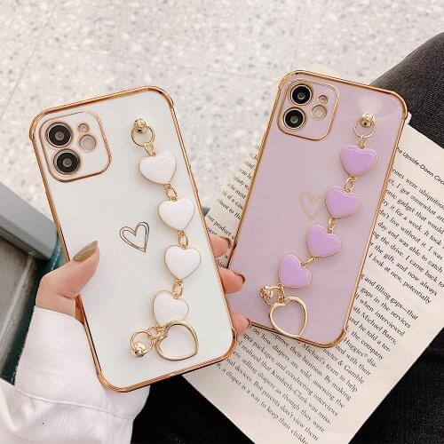 For iPhone 12 Pro Max Plating Frame Love Heart Chain Wrist Bracelet Phone Case For iPhone 11 Pro Max XS Max X XR 8 7 Plus Cover