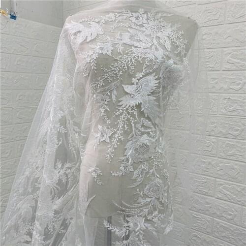 2021 New Off White Fashion Floral Lace Fabric with Clear Sequins High Quality Wedding Dress Tulle Embroidery Lace Fabric
