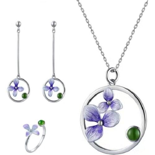 2021 Fresh Hot Seller Enamel Drop Green Stone Gift Earrings Necklace Ring(open) Jewelry Set