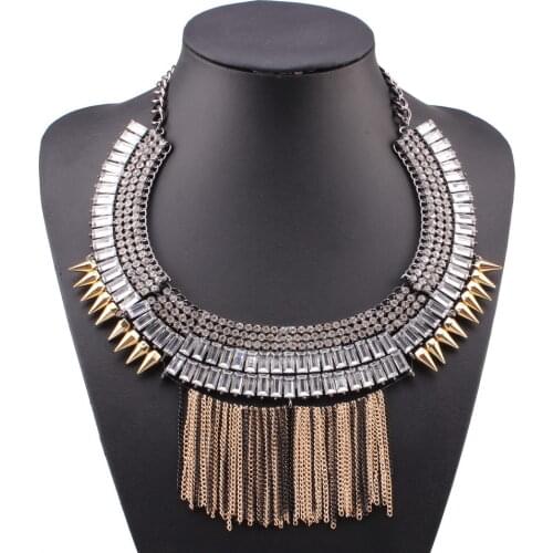 New Arrival Design Fashion Brand Crystal Necklace Chain Tassel Spike Chunky Statement Choker Pendant Necklace for Women