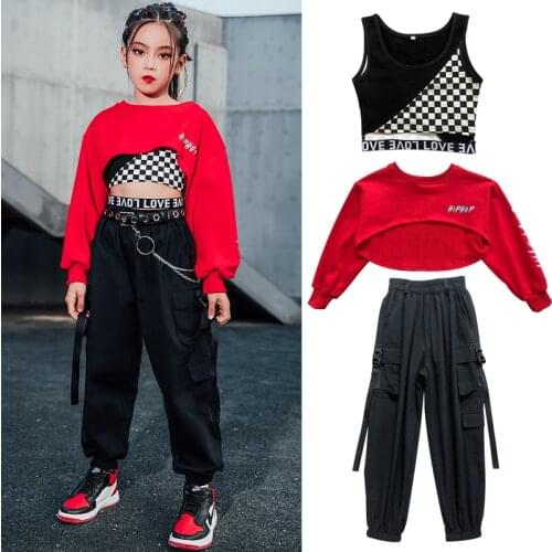 Girls Hip Hop Clothing Red Tops Casual Pants For Kids Street Dance Costume Modern Jazz Ballroom Dancing Clothes Rave Wear BL5310