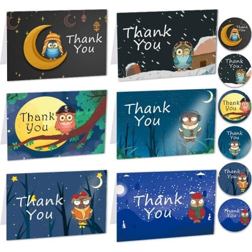 6sets Cute Owl Thank You Cards Assorted Cartoon Moon Gift Postcard with Envelope Stickers Party Invitation Folding Greeting Card