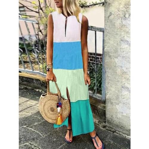 BAMBOOBOY New Summer Womens Boho Sleeveless Cotton Linen Mid -Length Kaftan Maxi Dress FC601