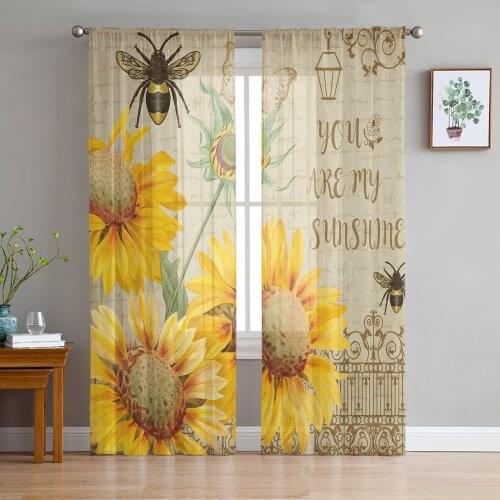 Sunflowers Bees Retro Sheer Curtains for Living Room Bedroom Home Decor Chiffon Voile Christmas Curtains