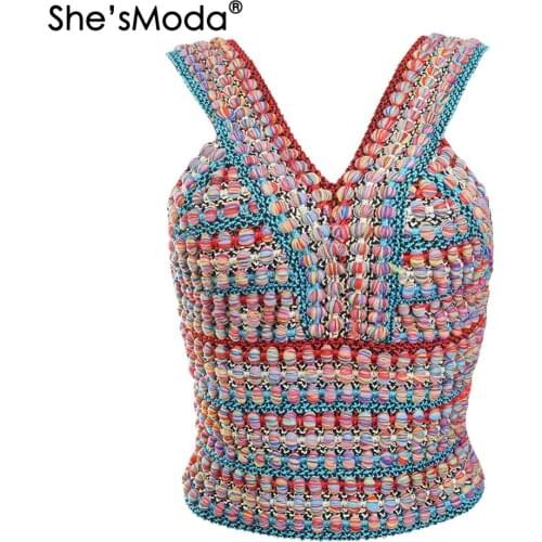 ShesModa Knited Color-mixed V-neck Thick 2019 New Womens Spandex Tops Vest Tank M-2XL Plus Size