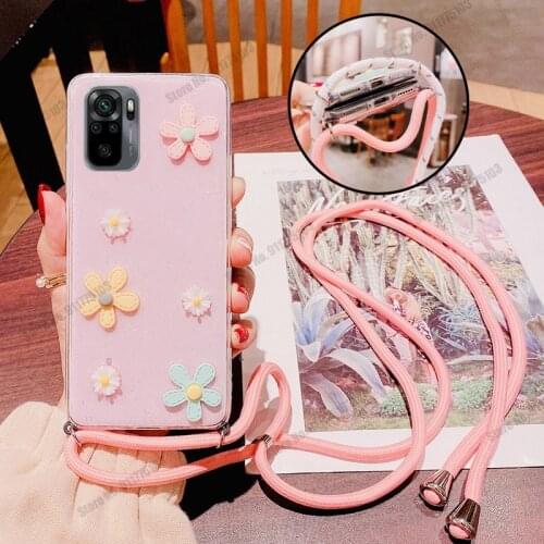 For Xiaomi Redmi Note 10 Pro Daisy Flowers Lanyard Strap Phone Case For Redmi Note 9 Pro Max 9T 8T 8 7 Silicone Clear Back Cover