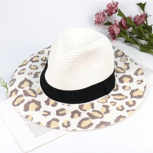 Leopard print straw hat letter bow summer bucket hat ladies bucket hat sun hat ladies straw hat fedora hat men and women