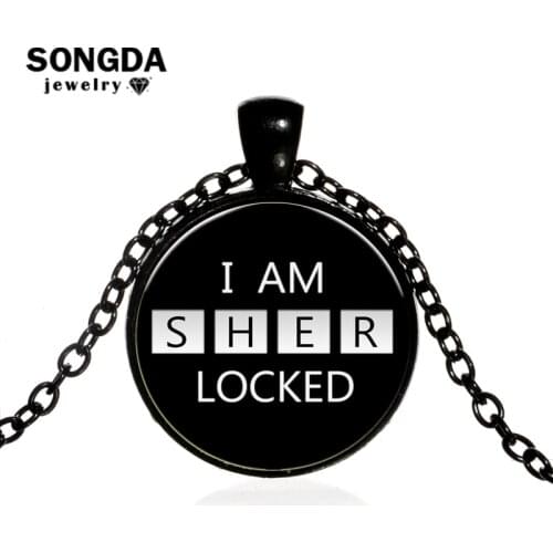 SONGDA I AM SHER LOCKED Quote Necklace Minimalism Art Pattern Glass Cabochon Pendant Sherlock Theme Jewelry Gift for Movie Fans
