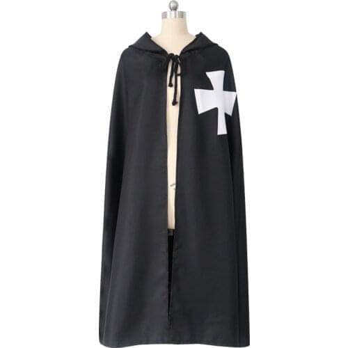 Medieval Wizard Devil Cos Cross Printed Hooded Cape Templar Cosplay Cloak Deathe Halloween Carnival Disguisement White And Blac