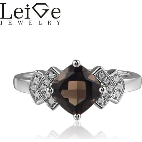 Leige Jewelry Smoky Quartz Rings Cushion Cut Brown Gemstone Anniversary Rings For Woman 925 sterling silver Customized