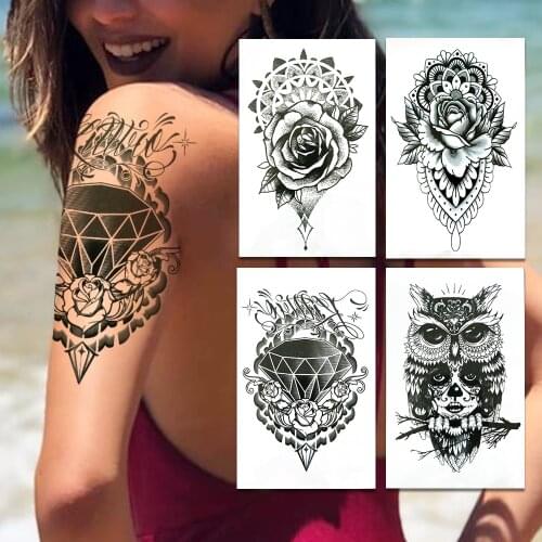 Geometric Pendants Temporary Tattoos For Women Black Diamond Fake Tattoo Owl Death Skull Rose Henna Flowers Tatoo Body Arm Laces