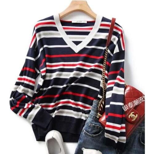 2021 fall new style all-match color V-neck stripe slimming knit sweater sweater top long-sleeved female thin section