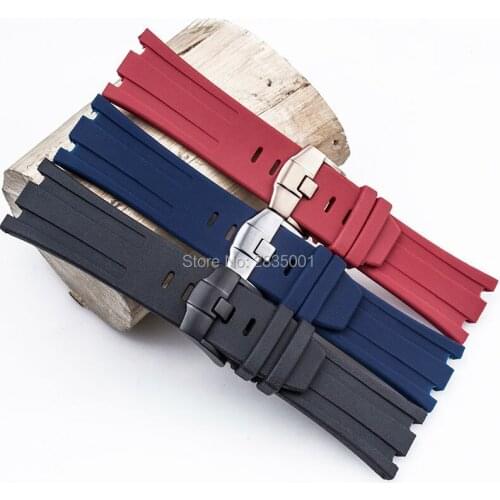 High quality Silicone Rubber Watchband Black Red Blue Strap with Stainless Steel Pin Buckle 28mm for AP Watches Free shipping