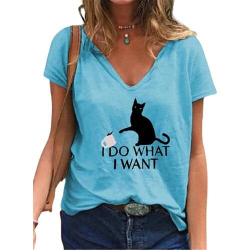 Womens Oversize Shirt Cartoon Cute Cat Printed T-shirt Casual Short Sleeve V-neck Letter Print Loose Top Plu Size Female Clothe