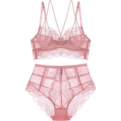 Plus Size New French Sexy Women Ultra-thin Pink Floral Lace Underwear Unlined Beauty Back Bra and High Waist Panty Sets Lingerie
