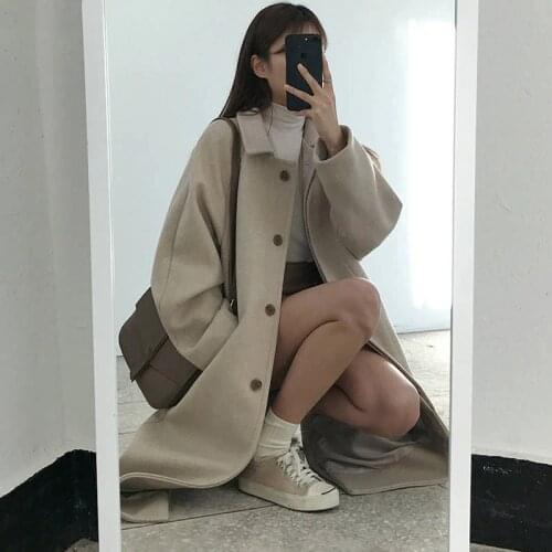 Winter Beige Elegant Wool Coat Women Korean Fashion Black Long Coats Vintage Minimalist Woolen Overcoat Camel Oversize Outwear