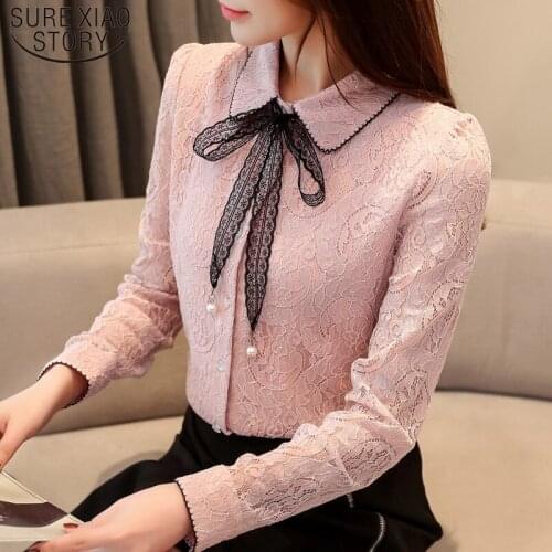 Autumn Winter Long Sleeve Lace Women Shirts New Print Bow Hollow Women Blouses Sexy Elegant Office Lady Women Tops 6958 50