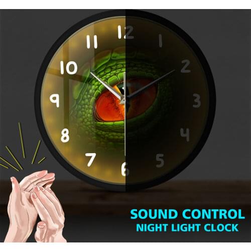 Fantasy Gothic Style Sound Activated Light Emitting Wall Clock Green Dino Dragon Eye Night Lamp Dinosaur Eyeball Silent Watch