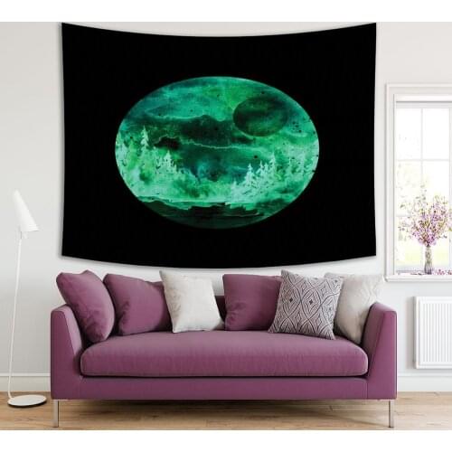 Tapestry Fir Pine Trees and Bushes Night Sky with Stars Full Moon Watercolor Painting in Circle Shape Art Green Black