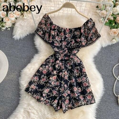 2021 New Summer French sweet slash neck short sleeve Rompers high waist pleated waist single breasted floral wide leg Rompers
