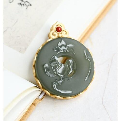 S925 Sterling Silver Hetian Jade Green Jade Lotus Pendant for Women Generous and Upscale Creative All-Match Peace Buckle Pendant