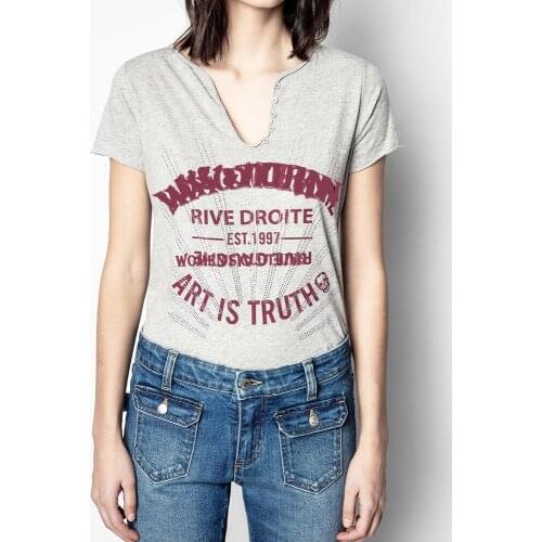 Summer Women V-neck Button Letter Printed T-shirt Short Sleeve Grey Cotton Hot Drill Tee Love Heart Girls Slim T 2021 Women Top