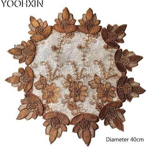 HOT round 40cm brown Lace embroidery placemat cup coaster tea dish mug kitchen wedding Christmas table place mat cloth pad doily