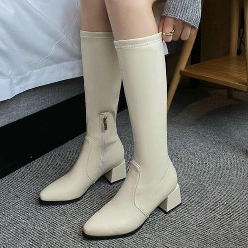 Fashion Winter Womens Elastic Boots 5CM Square Root Round Knee High Boots Spring and Autumn Slim Fit Women Boots with Zipper